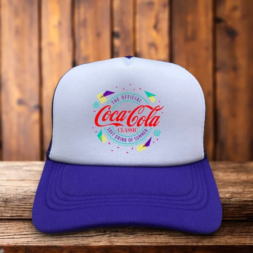 Coca Cola 90s Retro Logo Mens Trucker Hat Purple Vintage Soda Pop Baseball Cap